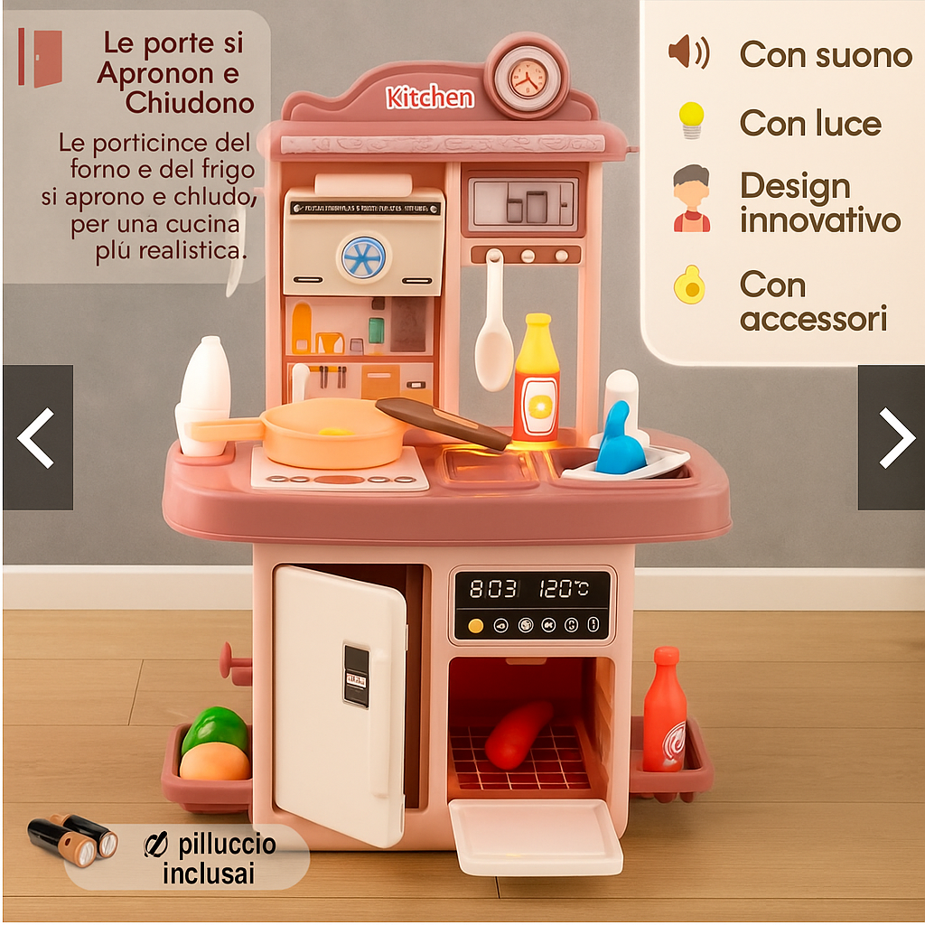 Giocattolo Grande Cucina Rosa Completa con Frigorifero, Forno, Suoni, Luci e 25 Accessori