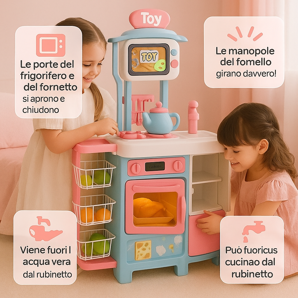 Giocattolo Cucina Grande per Bambina Completa di Frigorifero, Forno, Fornelli, Fruttiera e Rubinetto con Acqua Vera