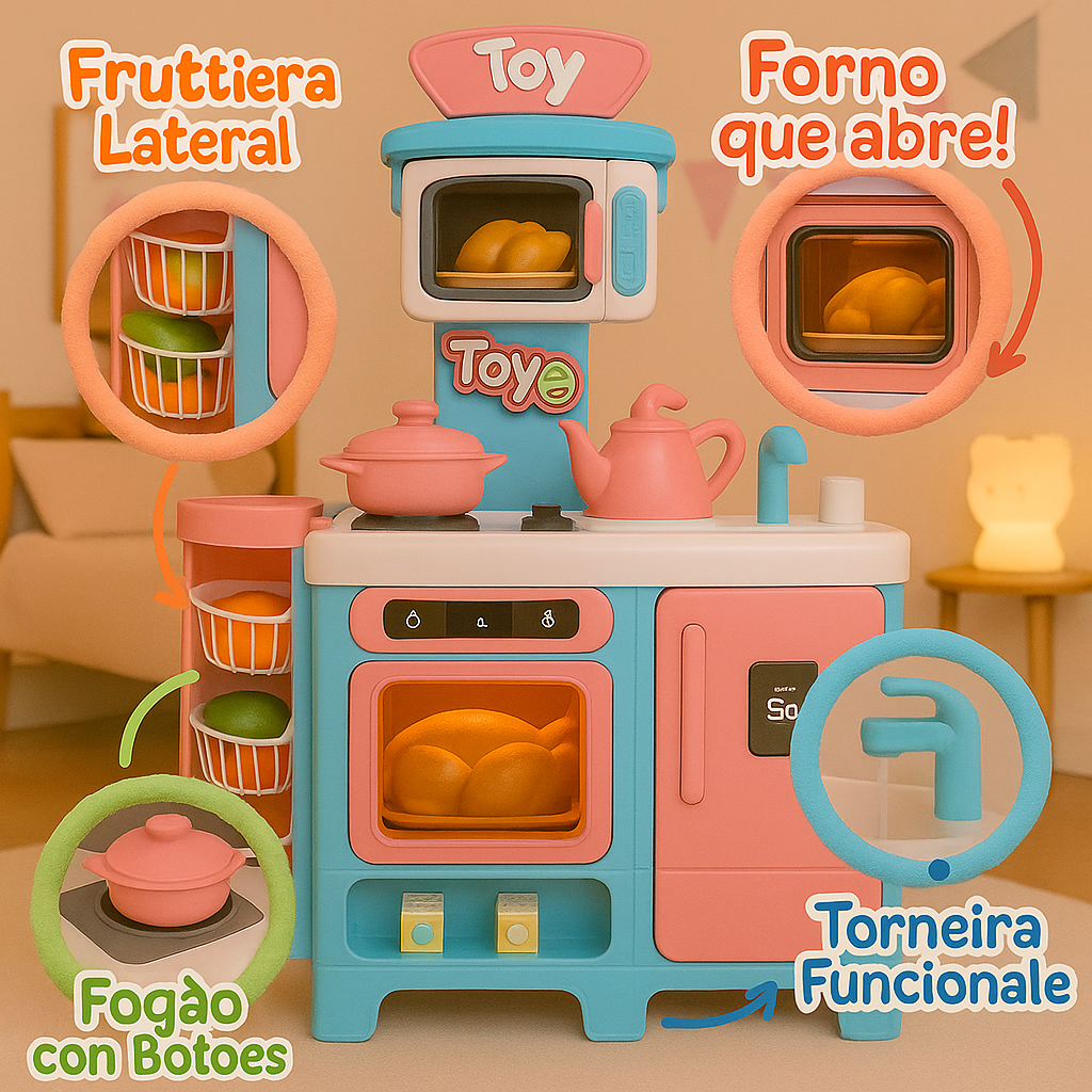 Giocattolo Cucina Grande per Bambina Completa di Frigorifero, Forno, Fornelli, Fruttiera e Rubinetto con Acqua Vera