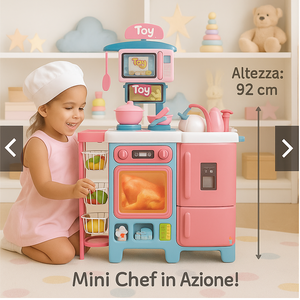 Giocattolo Cucina Grande per Bambina Completa di Frigorifero, Forno, Fornelli, Fruttiera e Rubinetto con Acqua Vera
